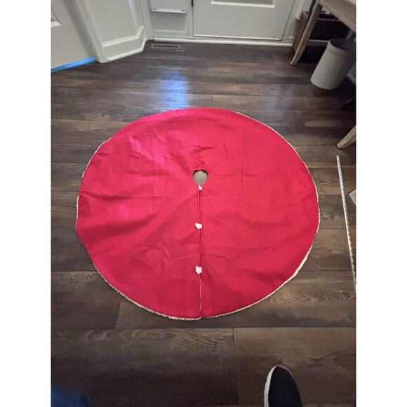 Nativity Scene Christmas Tree Skirt Jesus 48" Felt Red White Fur Holiday - Picture 8 of 9